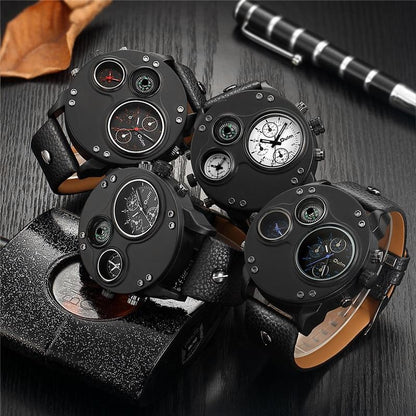 Mens Dual Time Watch Leather Strap Stainless Steel Wristwatch