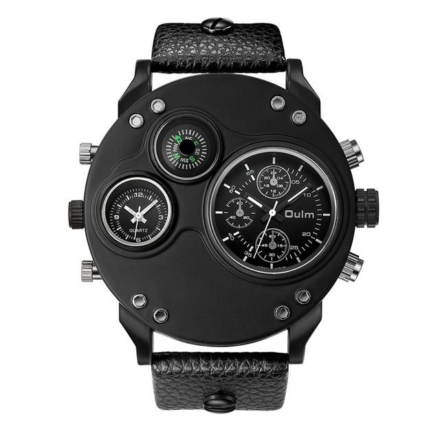 Mens Dual Time Watch Leather Strap Stainless Steel Wristwatch