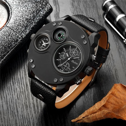 Mens Dual Time Watch Leather Strap Stainless Steel Wristwatch