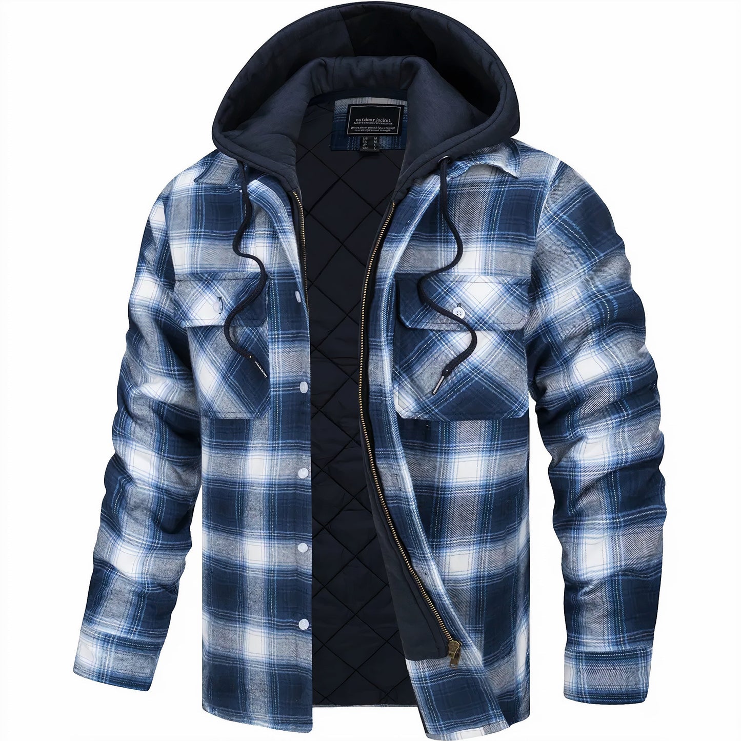 Mens Flannel Winter Jacket Hooded Quilted Warm Outdoor Jacket
