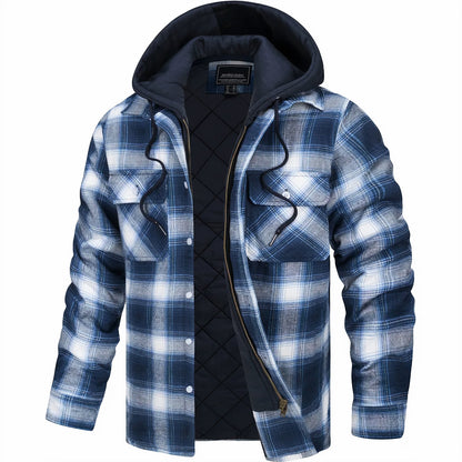 Mens Flannel Winter Jacket Hooded Quilted Warm Outdoor Jacket