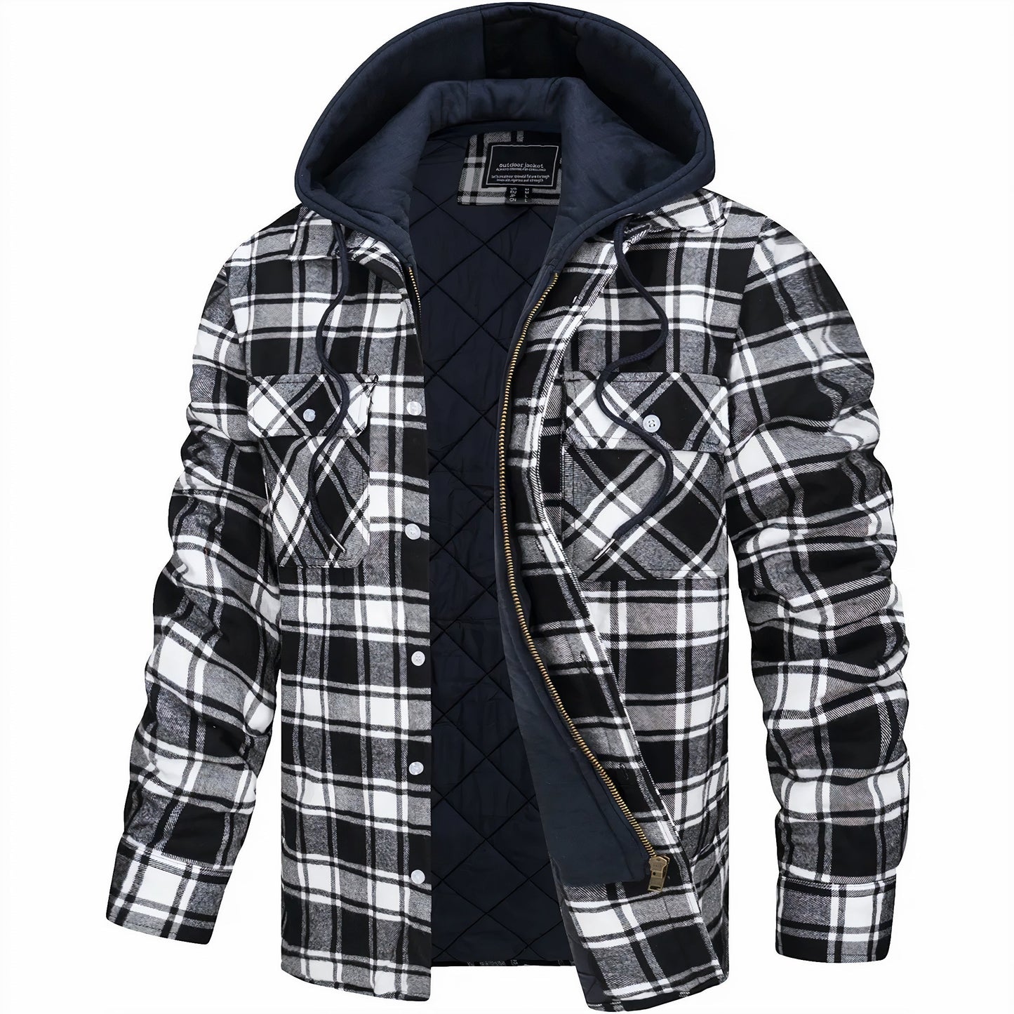Mens Flannel Winter Jacket Hooded Quilted Warm Outdoor Jacket