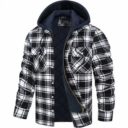 Mens Flannel Winter Jacket Hooded Quilted Warm Outdoor Jacket