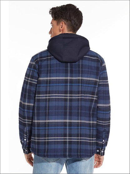 Mens Flannel Winter Jacket Hooded Quilted Warm Outdoor Jacket