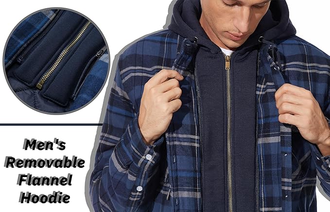 Mens Flannel Winter Jacket Hooded Quilted Warm Outdoor Jacket