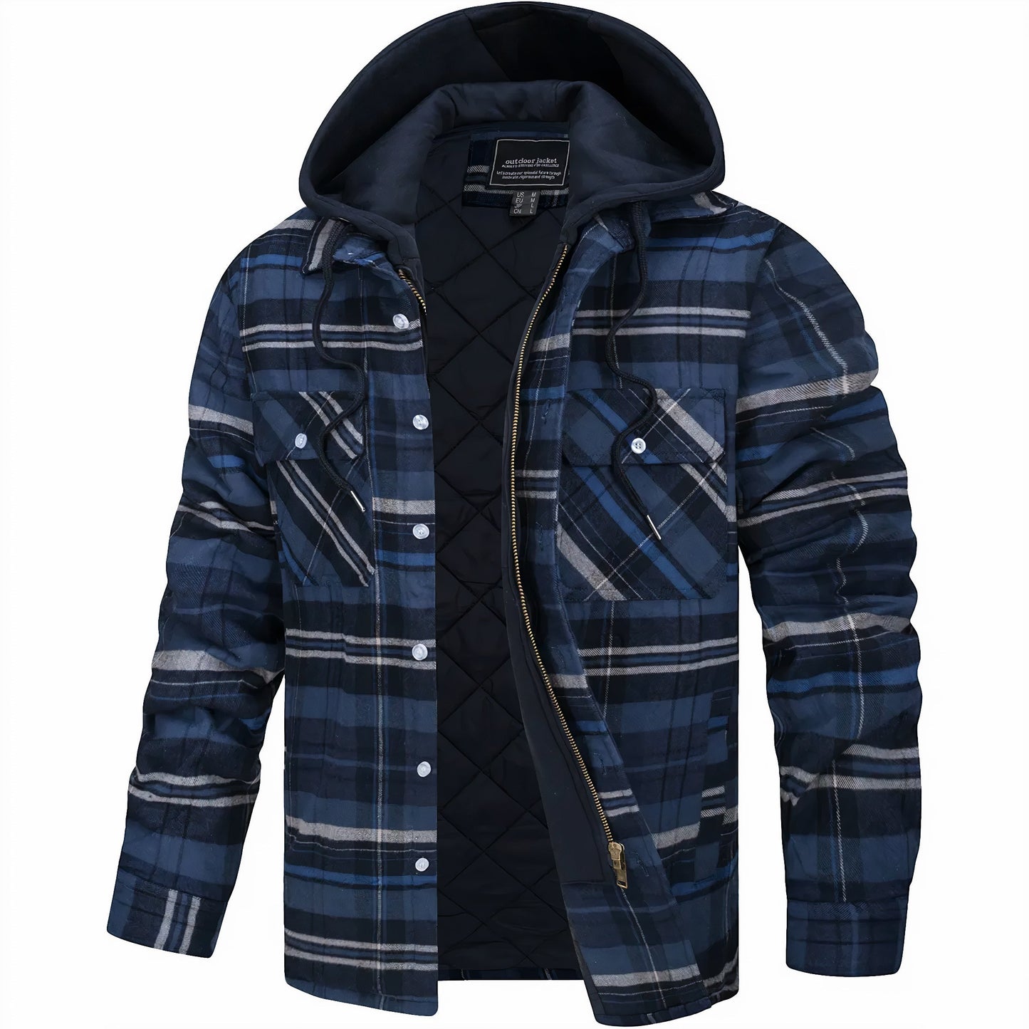 Mens Flannel Winter Jacket Hooded Quilted Warm Outdoor Jacket