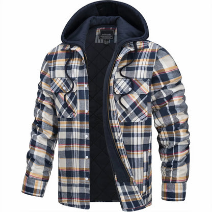 Mens Flannel Winter Jacket Hooded Quilted Warm Outdoor Jacket