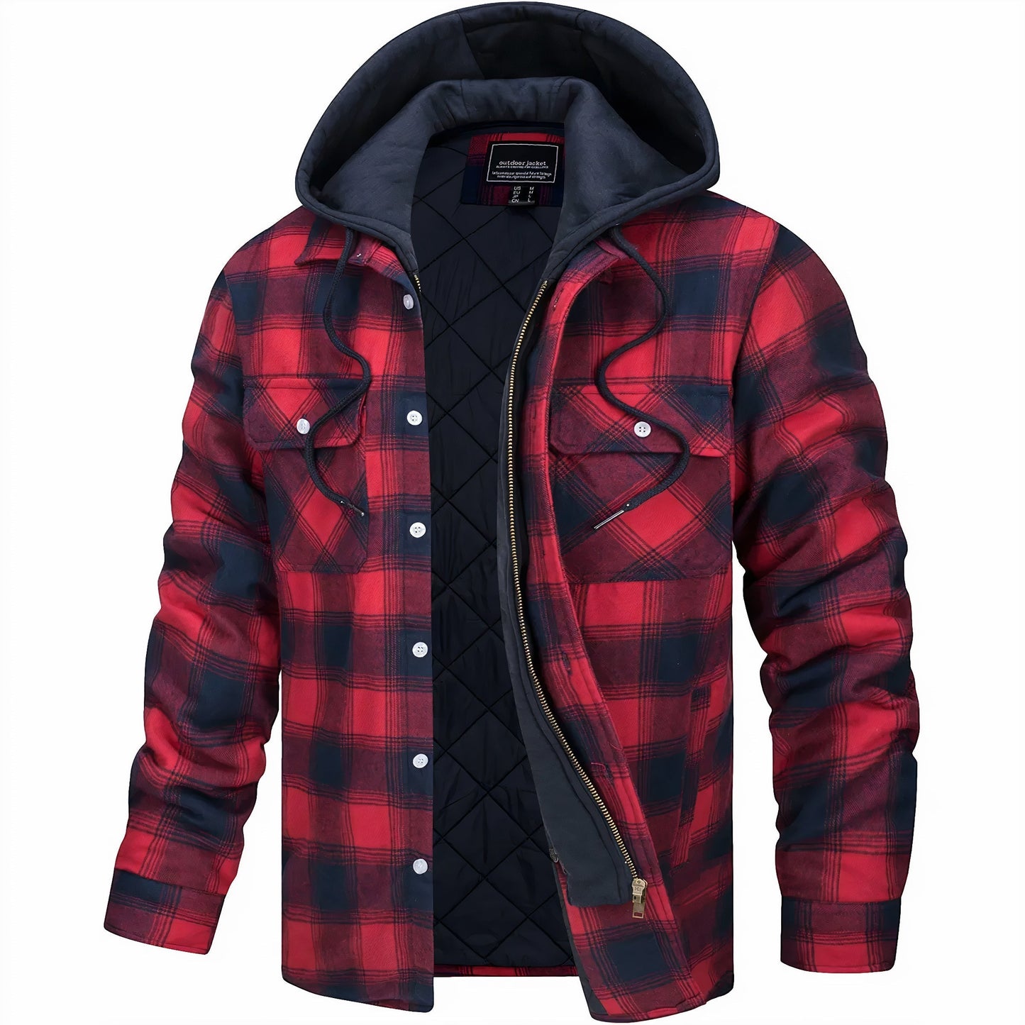 Mens Flannel Winter Jacket Hooded Quilted Warm Outdoor Jacket
