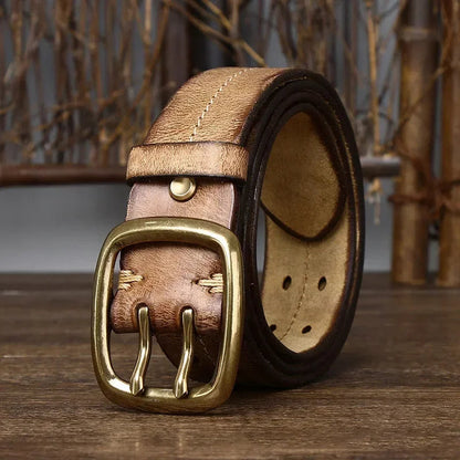 Men's Genuine Cowhide Leather Belt Double Brass Buckle