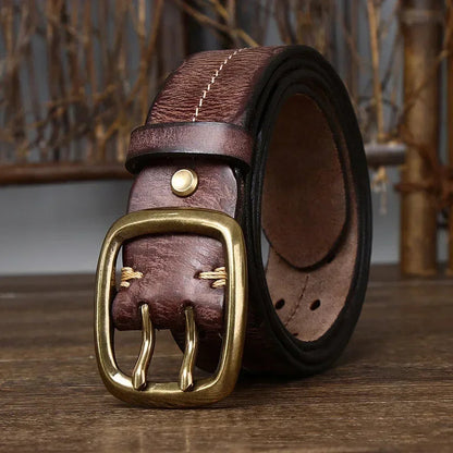 Men's Genuine Cowhide Leather Belt Double Brass Buckle