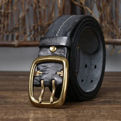 Men's Genuine Cowhide Leather Belt Double Brass Buckle