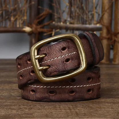 Men's Genuine Cowhide Leather Belt Double Brass Buckle