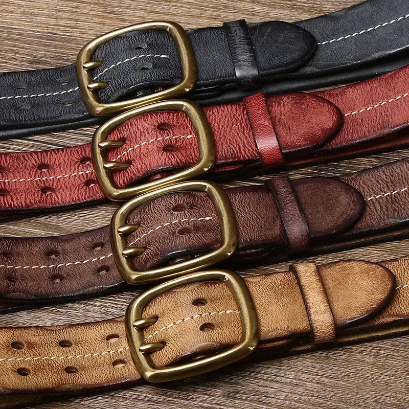 Men's Genuine Cowhide Leather Belt Double Brass Buckle