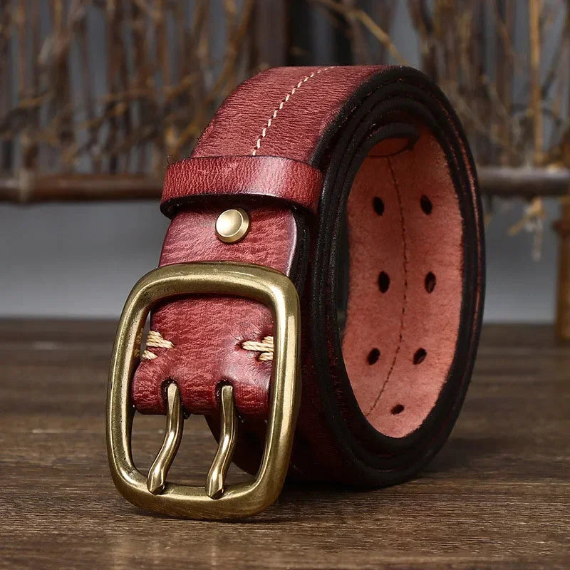 Men's Genuine Cowhide Leather Belt Double Brass Buckle