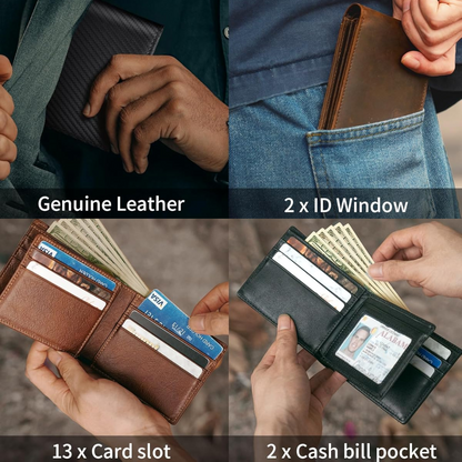 Mens Genuine Leather RFID Blocking Bifold Wallet Card Holder