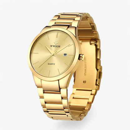 Mens Gold Stainless Steel Quartz Watch Luxury Wristwatch