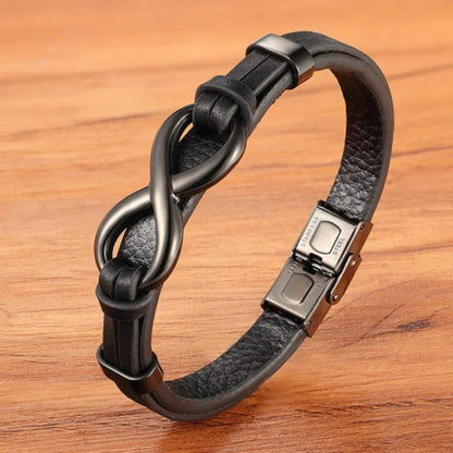 Men's Leather Infinity Bracelet Stainless Steel Wristband
