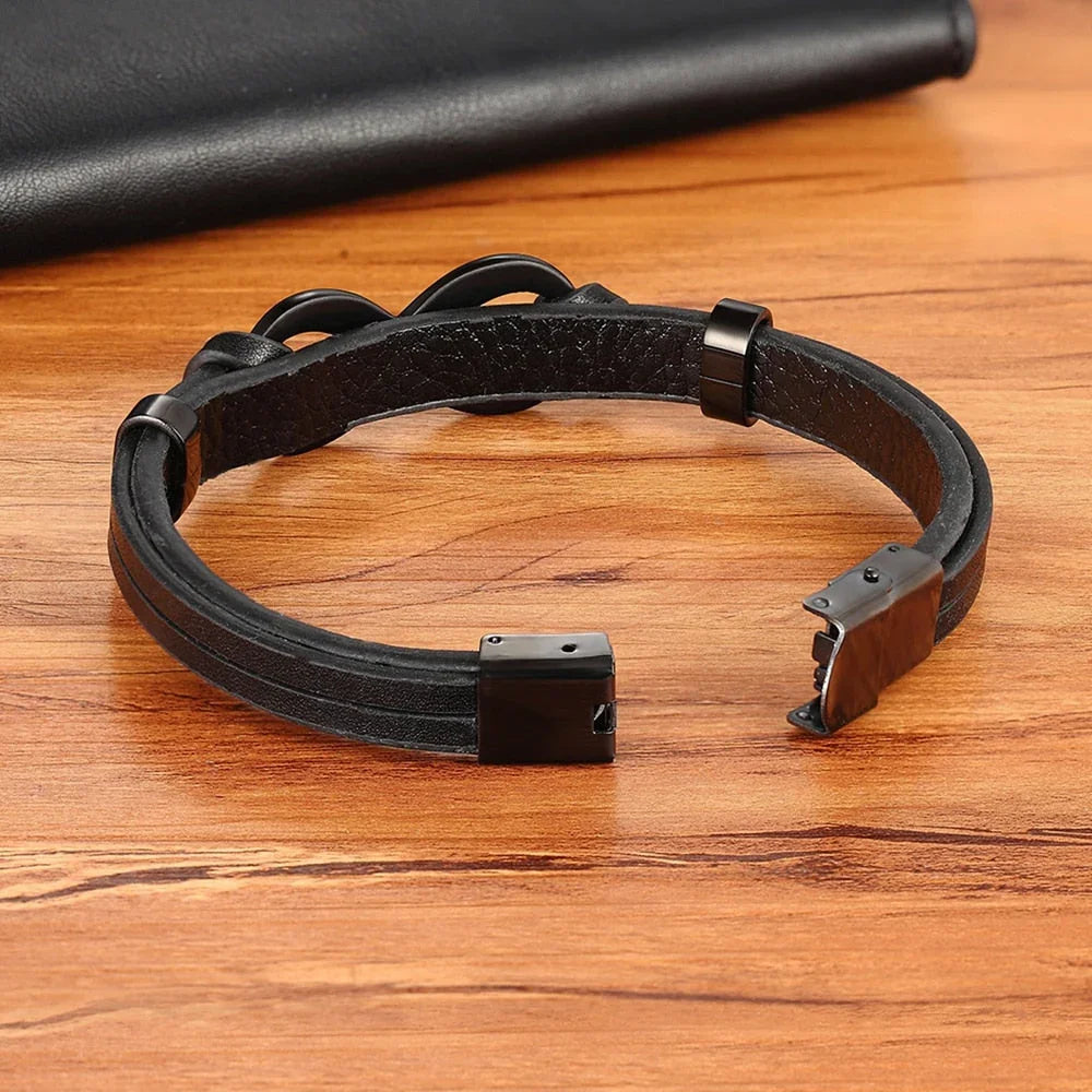 Men's Leather Infinity Bracelet Stainless Steel Wristband
