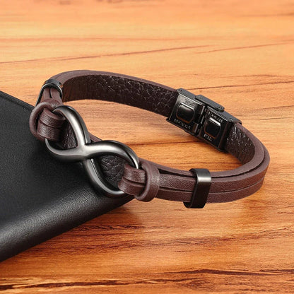 Men's Leather Infinity Bracelet Stainless Steel Wristband