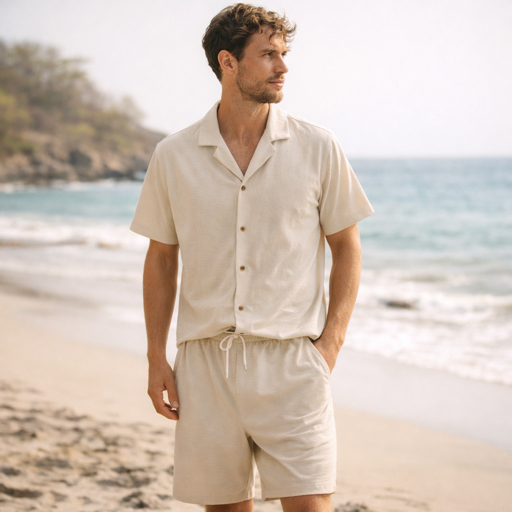 Mens Linen Summer Set Short Sleeve Shirt Shorts Relaxed Fit