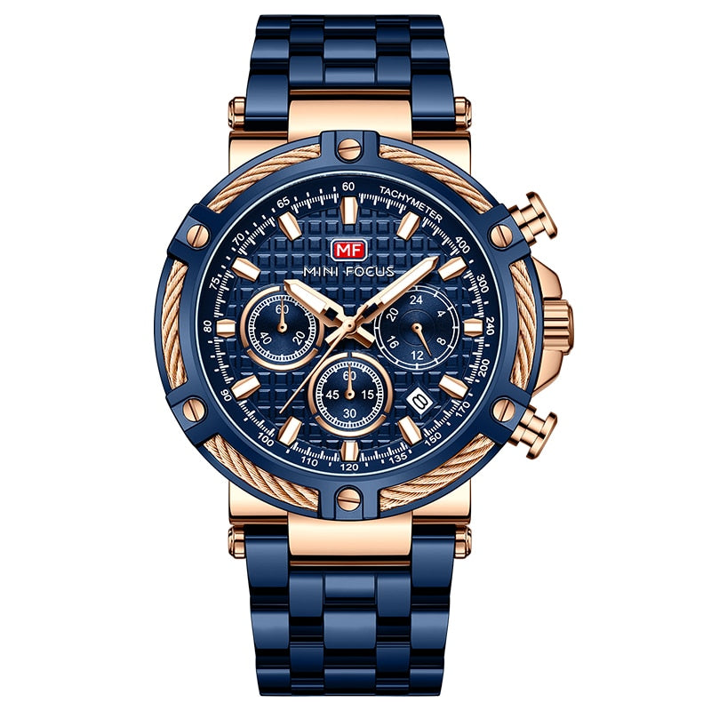Mens Stainless Steel Watch Silver Blue Chronograph Date Wristwatch