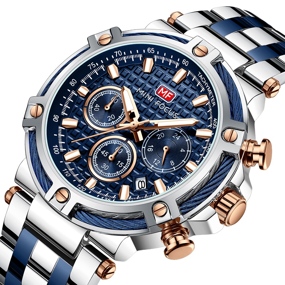 Mens Stainless Steel Watch Silver Blue Chronograph Date Wristwatch