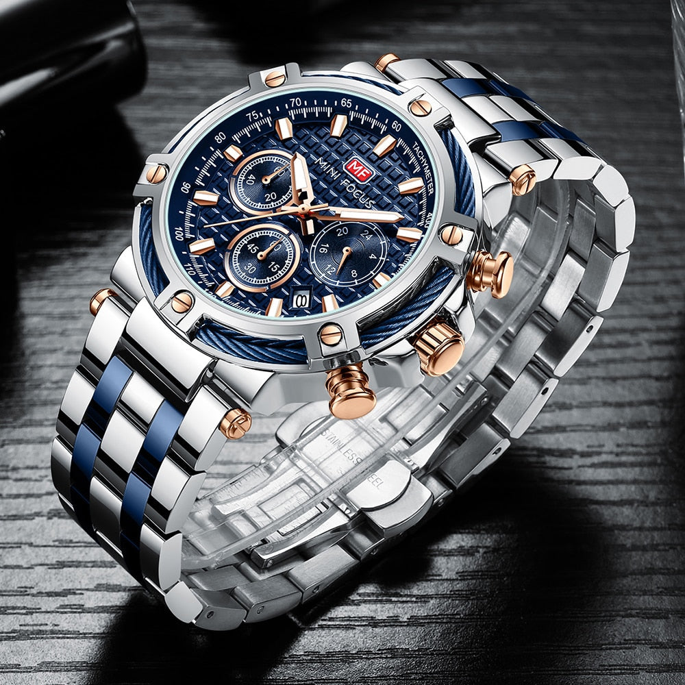 Mens Stainless Steel Watch Silver Blue Chronograph Date Wristwatch
