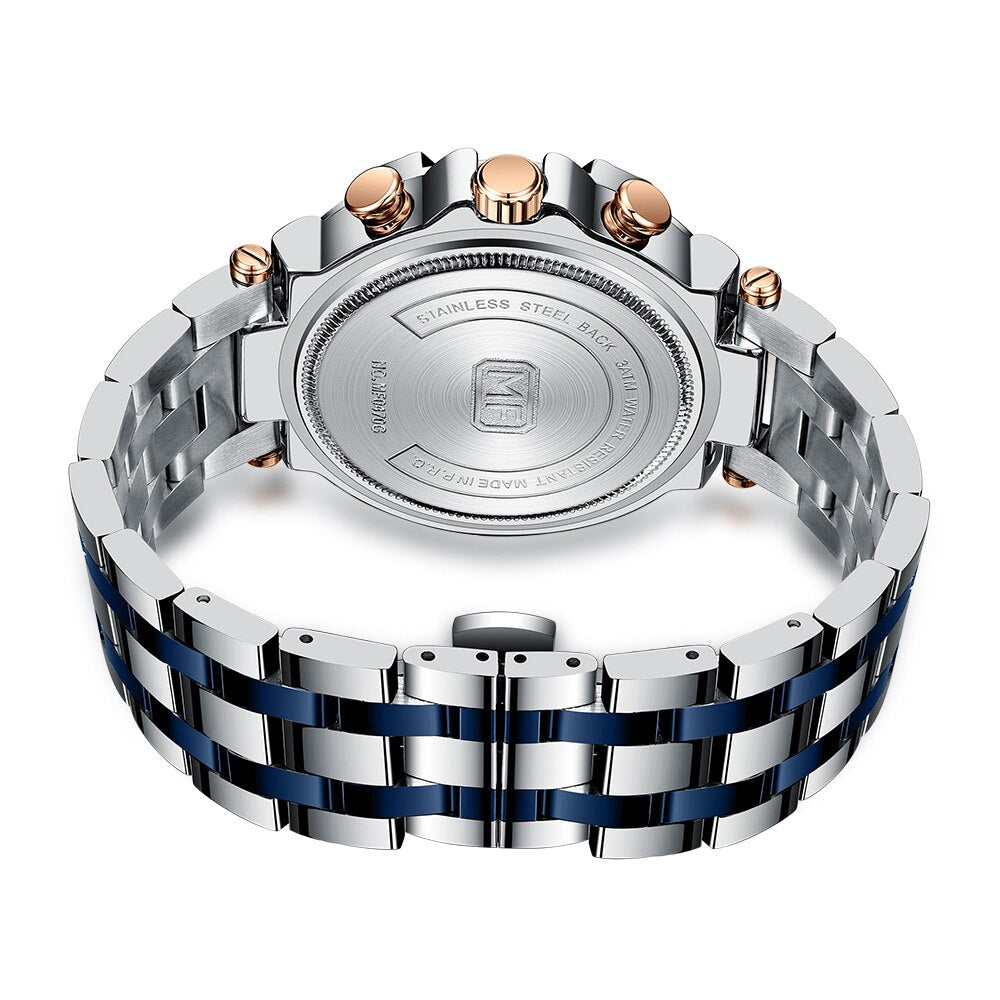 Mens Stainless Steel Watch Silver Blue Chronograph Date Wristwatch