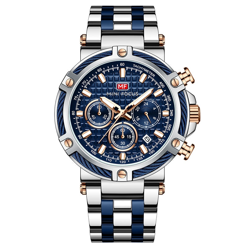 Mens Stainless Steel Watch Silver Blue Chronograph Date Wristwatch