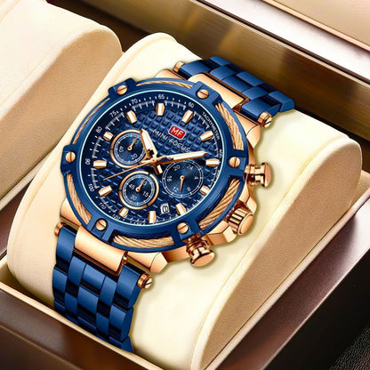 Mens Stainless Steel Watch Silver Blue Chronograph Date Wristwatch