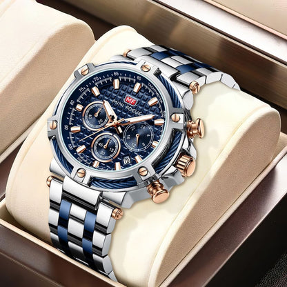 Mens Stainless Steel Watch Silver Blue Chronograph Date Wristwatch