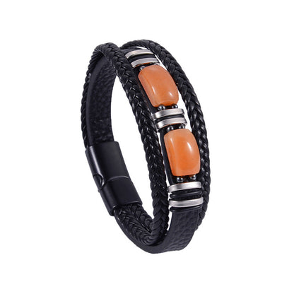 Mens Tiger Eye Bracelet Braided Leather Layered Jewelry Set