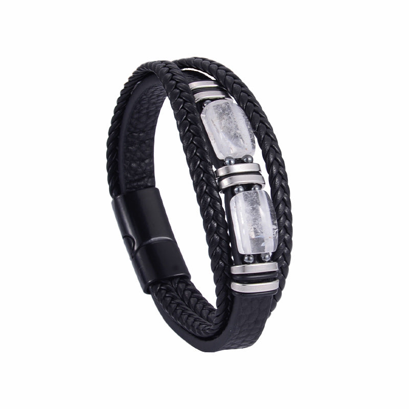 Mens Tiger Eye Bracelet Braided Leather Layered Jewelry Set