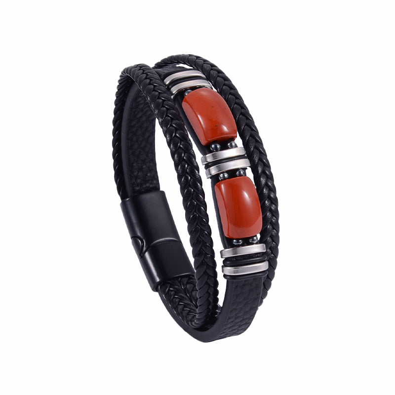 Mens Tiger Eye Bracelet Braided Leather Layered Jewelry Set
