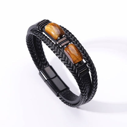 Mens Tiger Eye Bracelet Braided Leather Layered Jewelry Set
