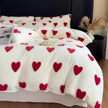 Plush Heart Pattern Bedding Set Soft Warm Winter Comfort