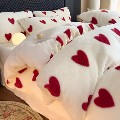 Plush Heart Pattern Bedding Set Soft Warm Winter Comfort