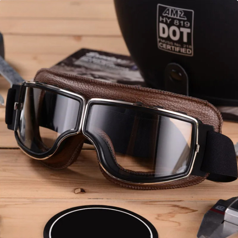 Vintage Motorcycle Goggles Leather Riding Glasses Adjustable Strap