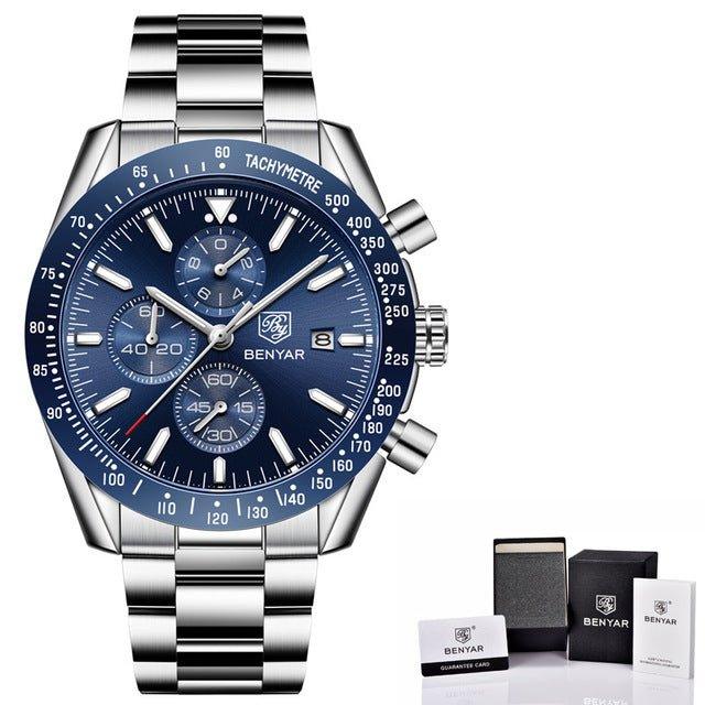 Waterproof Quartz Watch Men Stainless Steel Blue Dial