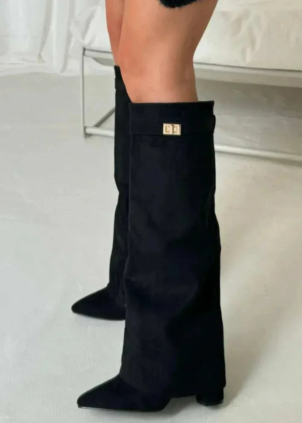 Women Knee High Boots Block Heel Leather Suede Elegant Boots