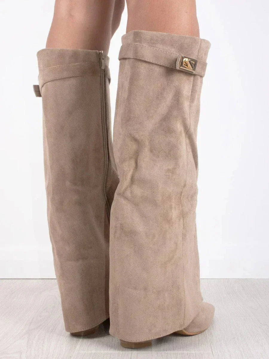 Women Knee High Boots Block Heel Leather Suede Elegant Boots