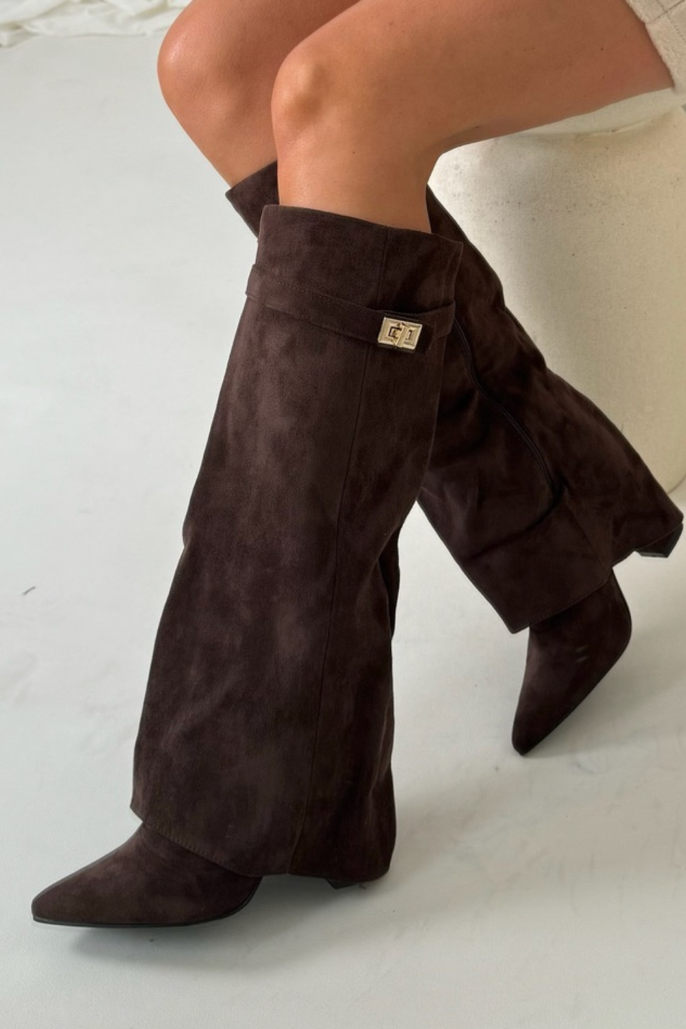 Women Knee High Boots Block Heel Leather Suede Elegant Boots