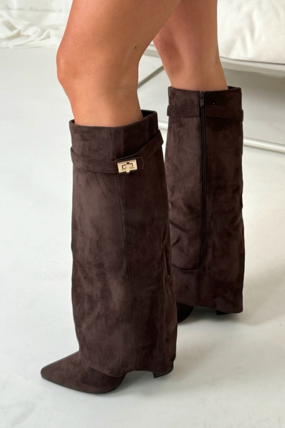 Women Knee High Boots Block Heel Leather Suede Elegant Boots