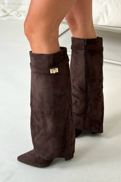 Women Knee High Boots Block Heel Leather Suede Elegant Boots