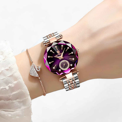 Womens Stainless Steel Watch Elegant Waterproof Wristwatch With Diamond Dial Design