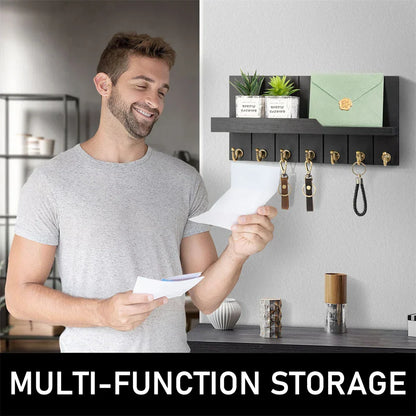 Wood Key Holder Wall Shelf Organizer Hook Rack Entryway Storage